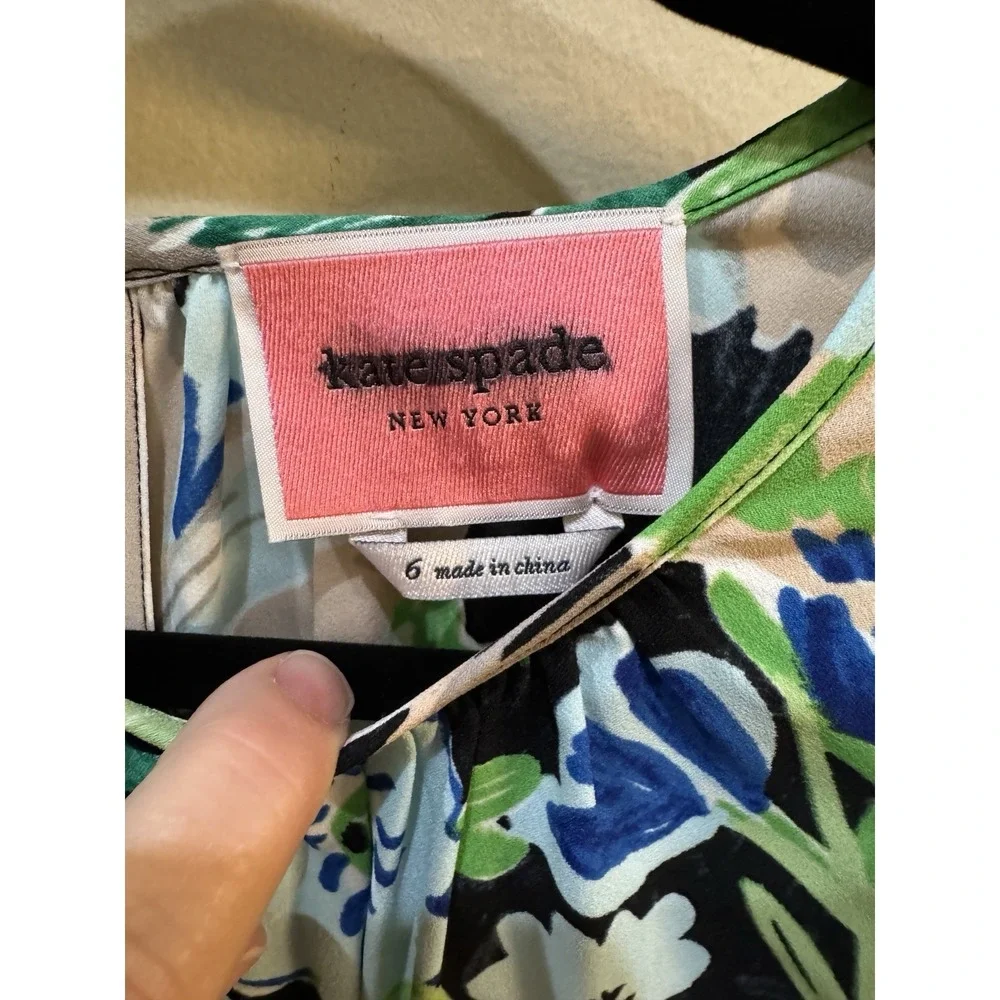 Kate Spade Full Bloom Belted Dress Ruffle Sleeves Floral Green‎ Blue Size 6